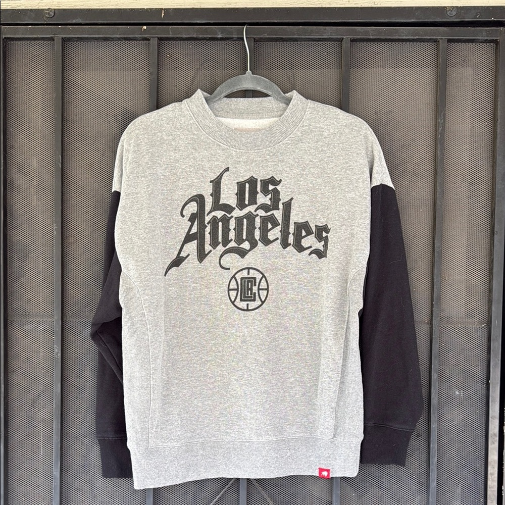 Gray and Black Crewneck Sweater with Vintage Typography
